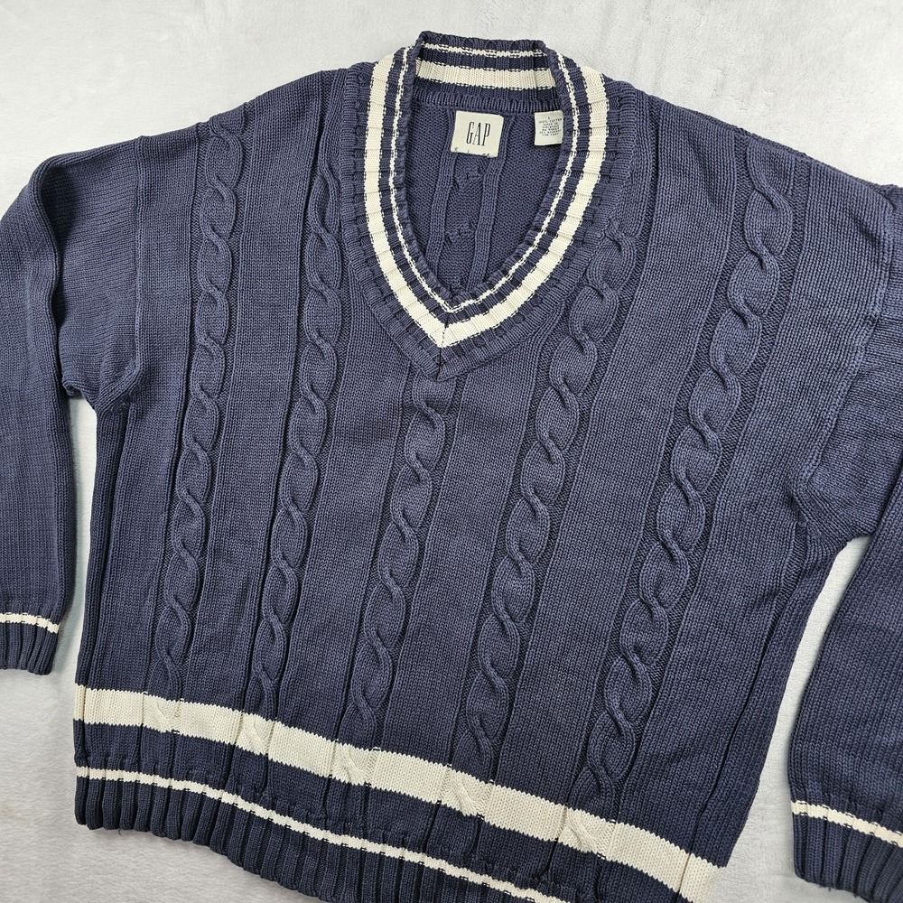 Vtg GAP Cable Knit V Neck Sweater Mens L Navy & White Cricket Tennis Preppy 90s